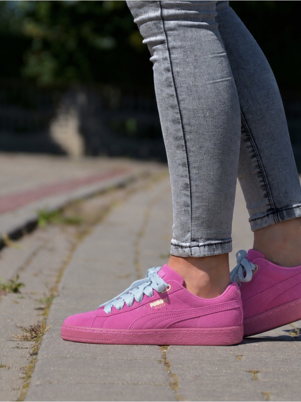 Puma Fuchsia  Suede Classic Low-Top Sneakers with Light Blue Laces